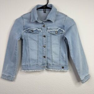Deux Par Deux Jacket Girls 9/10 Blue Denim Butterfly Embroidered Frayed Hem Boho